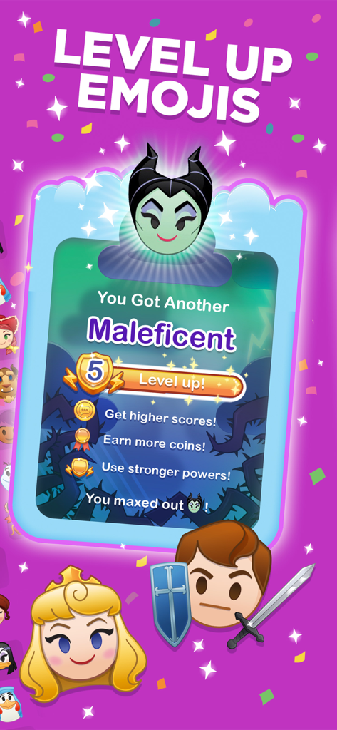 A level up screen for Maleficent in Disney Emoji Blitz showing increased scores and powers.