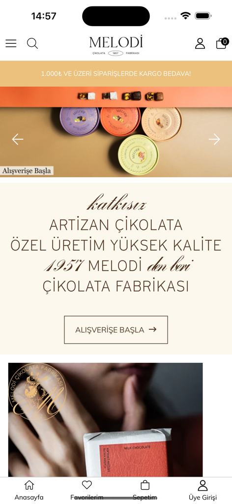 Melodi Cikolata - Tela inicial do aplicativo Melodi Cikolata exibindo produtos de chocolate artesanais e marca de herança.