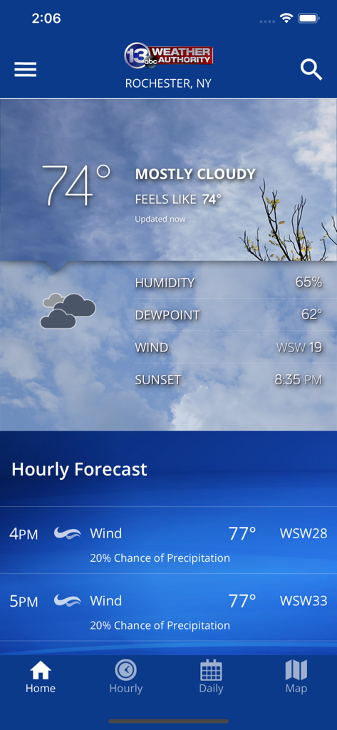 WHAM WX app showing current temperature and hourly weather forecast for Rochester New York