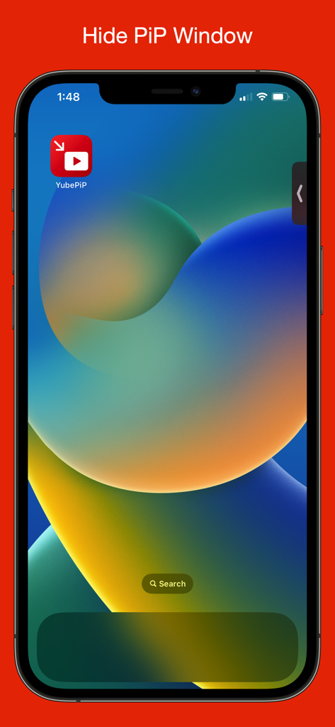 YubePiP: PiP Video Player - iPhone mostrando a janela oculta do reprodutor de vídeo em Picture in Picture na tela inicial usando YubePiP.