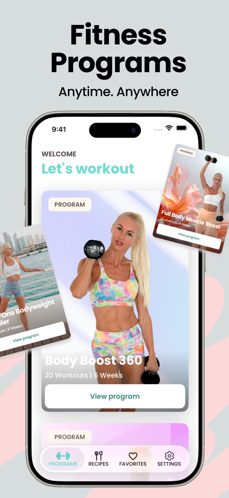 Home Fitness Workout ByBlondie - Interface do aplicativo Home Fitness Workout ByBlondie mostrando vários programas de fitness personalizados como Body Boost 360.