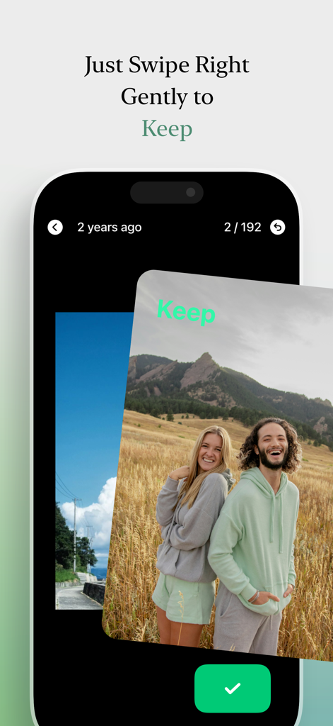 SwipeNow app interface showing a photo of a couple being swiped right to keep it in the gallery