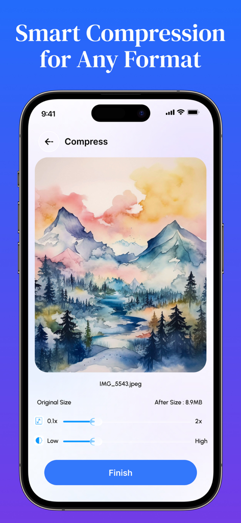 QuickTools Media & Files - Interface of the QuickTools app showing smart compression settings for a photo