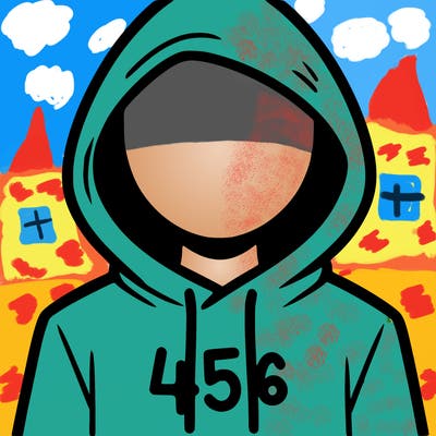 a person with non face waering a hoodie with a 456 symbol