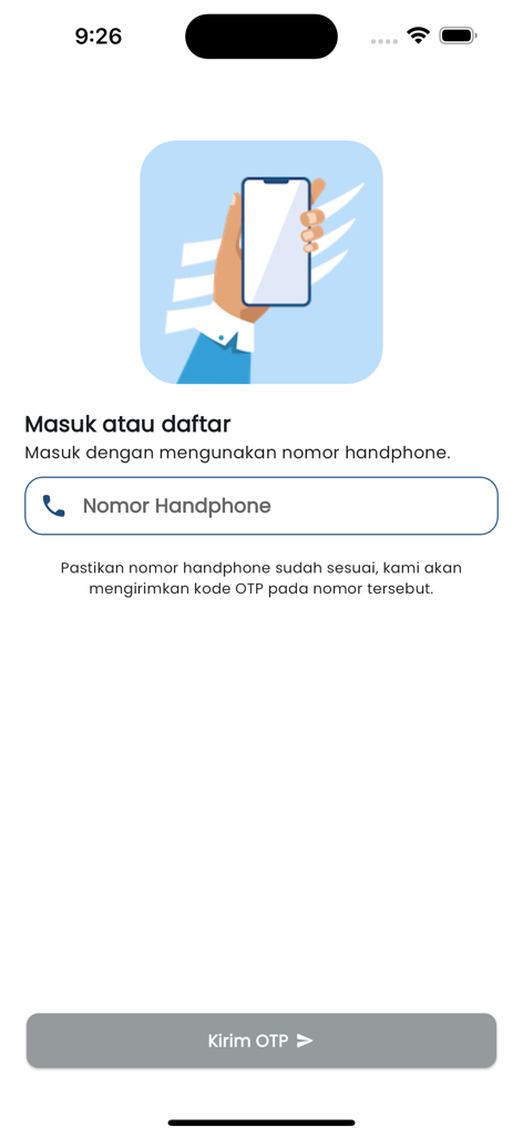 Login screen for bjb DigiLoan app asking for a mobile number to send an OTP