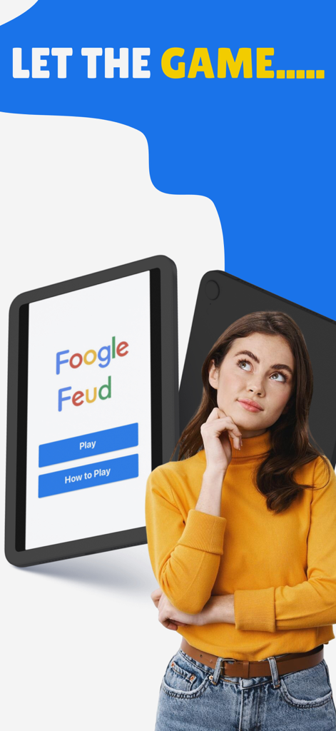 Foogle Feud: Guess & Win - A woman thinking next to a tablet displaying the Foogle Feud game menu