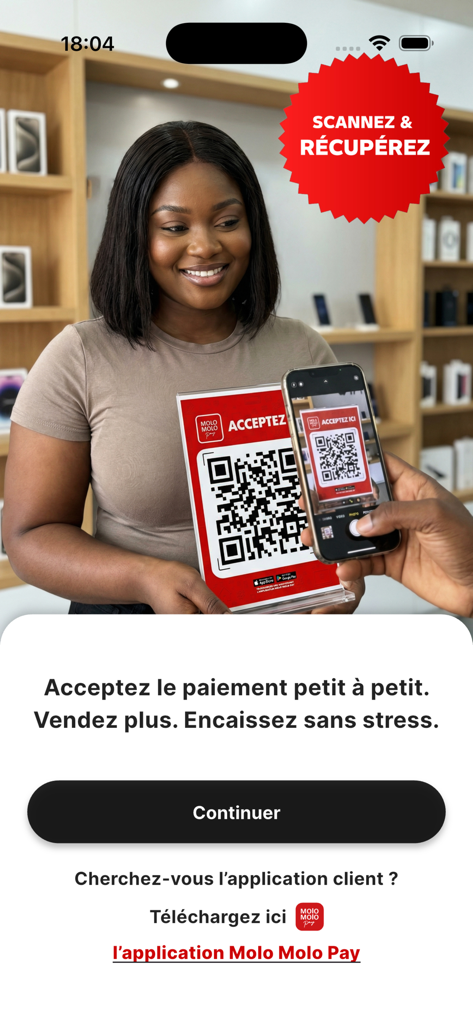 Molo Business - A female store owner holding a QR code for a customer to scan for digital layaway payments using the Molo Business app