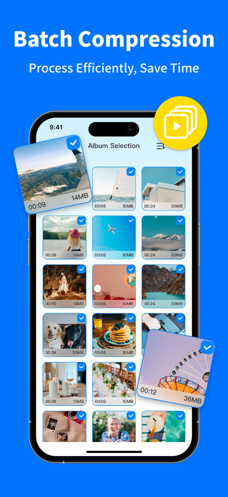 Video Compressor - Compress . - iPhone screen showing the batch video compression feature with multiple videos selected to save storage space