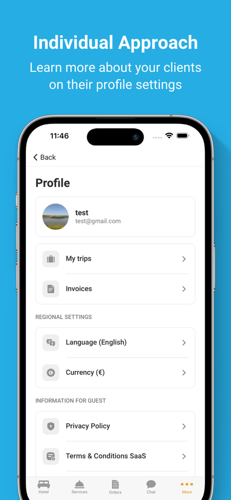 HotelFriend Guest Concierge - User profile screen of the HotelFriend Guest Concierge app showing trip history, invoices, and regional settings like language and currency.