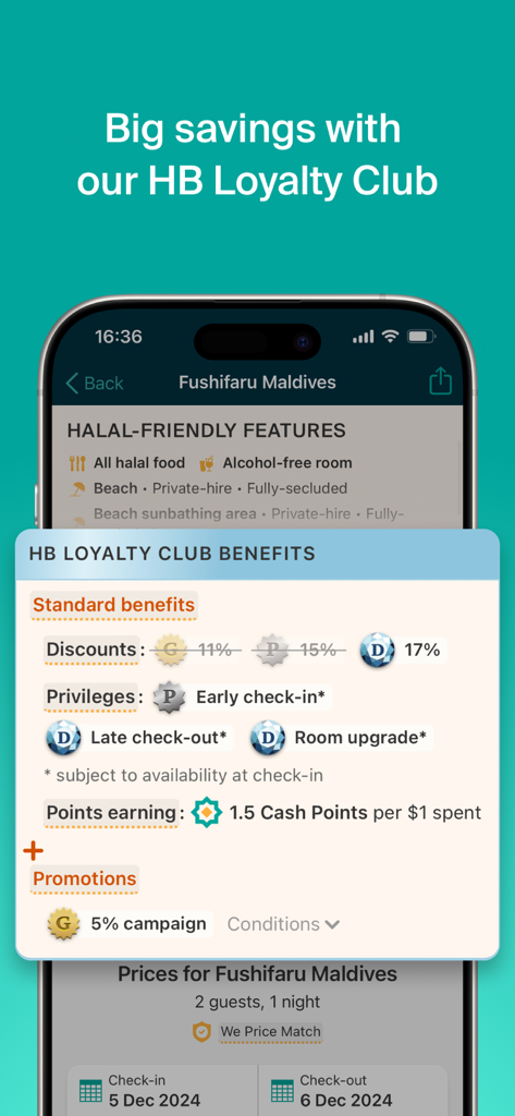 Halalbooking: Hotels worldwide - Halalbooking app screenshot showing HB Loyalty Club benefits including discounts and room upgrades