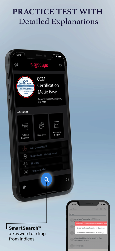 CCM Certification Made Easy - CCM Certification Made Easy app interface showing practice test and search features