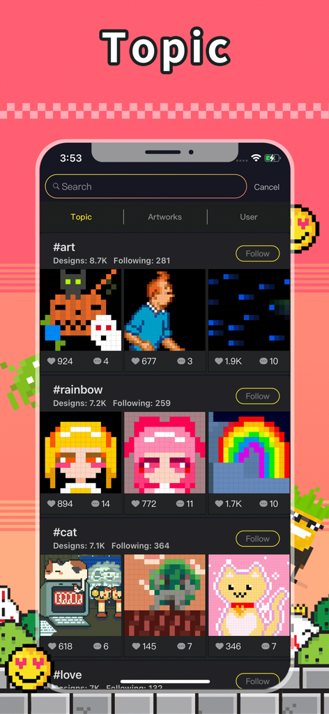 Divoom app interface displaying community pixel art designs organized by hashtag topics like art and rainbow