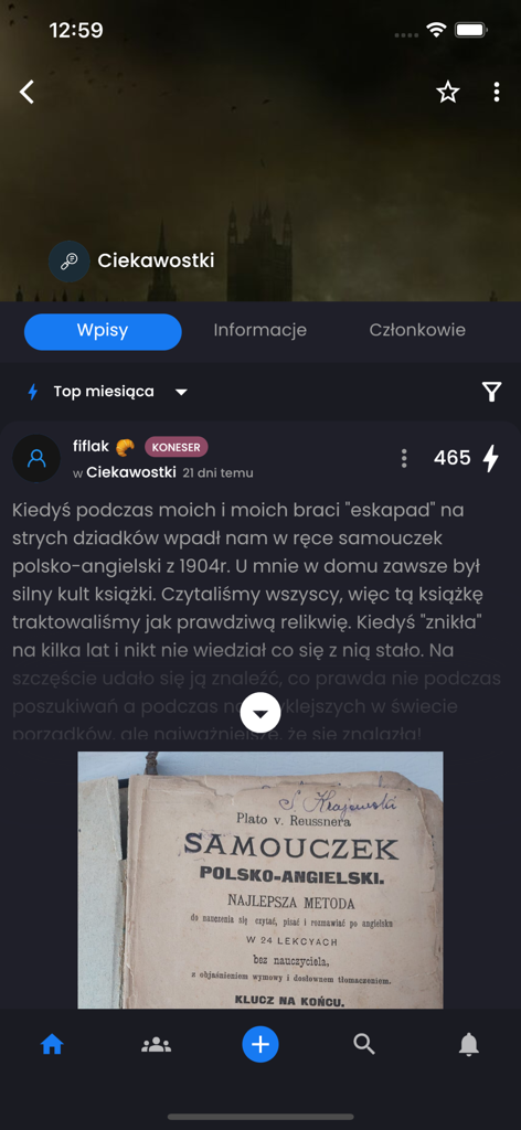 Hejto - Screenshot of Hejto app showing a user post in the Ciekawostki community with an image of an old Polish-English textbook.