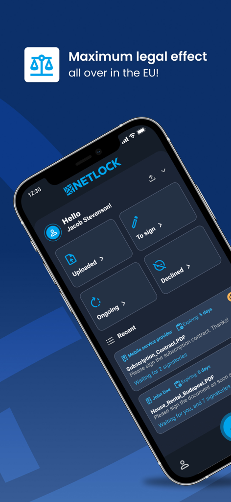 Netlock mobile app dashboard displaying document signature status and recent files for electronic signing.