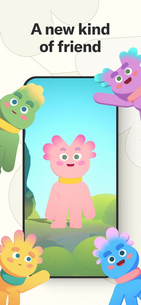 Tolan: Alien Best Friend - A group of colorful alien characters in the Tolan app with the text A new kind of friend