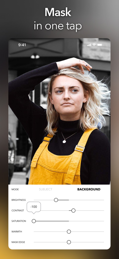 PicTapGo app interface showing a one-tap mask feature to desaturate a photo background while keeping the subject in color.