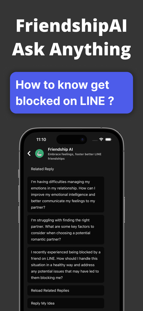 Friendships Pro app screen showing AI chatbot for relationship advice and LINE block checking