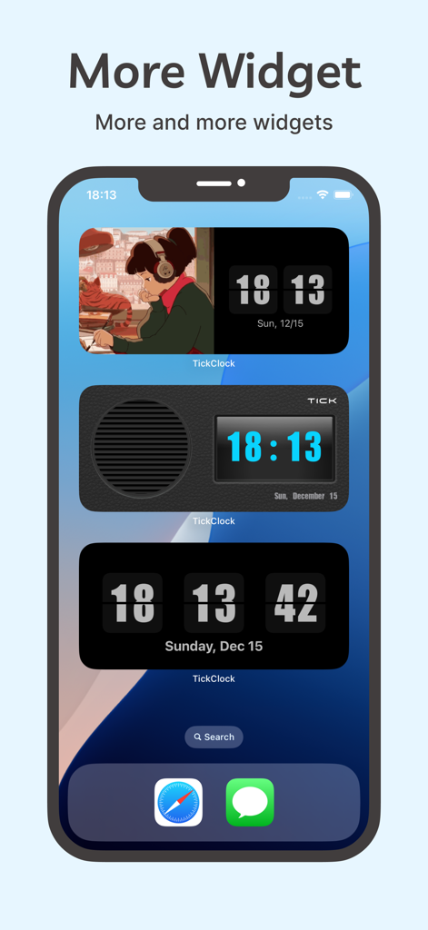 TickClock-Widget flipclock - A collection of aesthetic clock widgets on an iPhone home screen including lofi and retro radio styles.