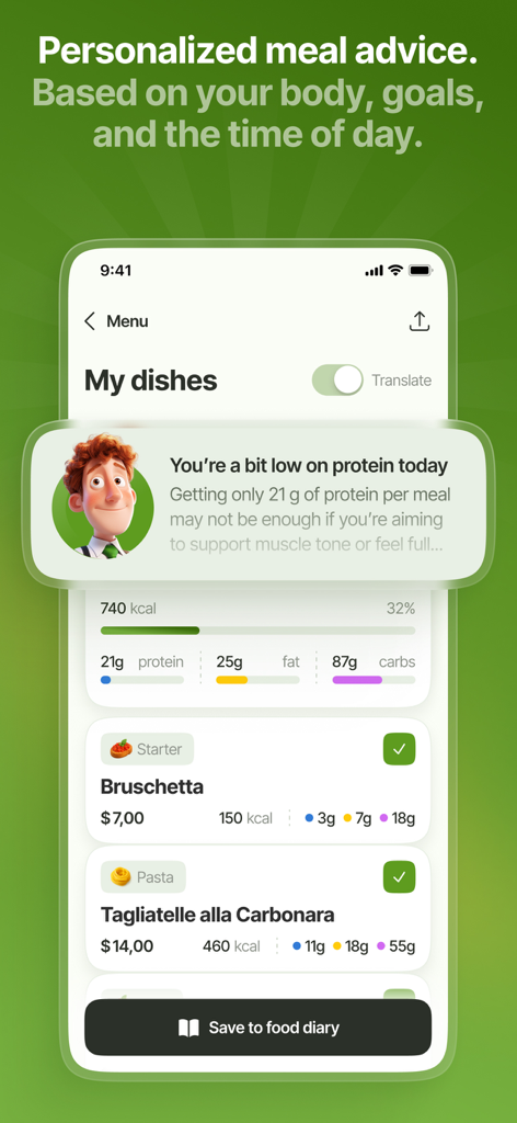 Thomas AI: Eat Smart & Healthy - Thomas AI app screen showing personalized nutrition advice and macro breakdown for restaurant dishes