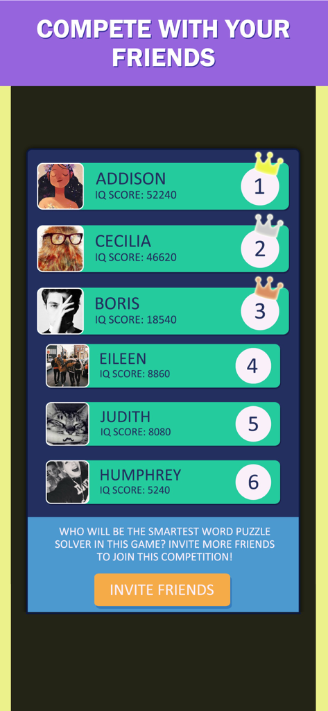 A leaderboard in the Word Spark game showing friends ranked by IQ scores with an option to invite more friends.