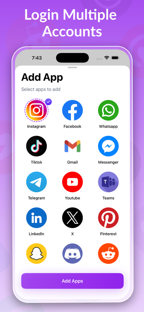 Interface do aplicativo Parallel Space mostrando uma seleção de ícones de mídia social e mensagens para adicionar para login de conta dupla.