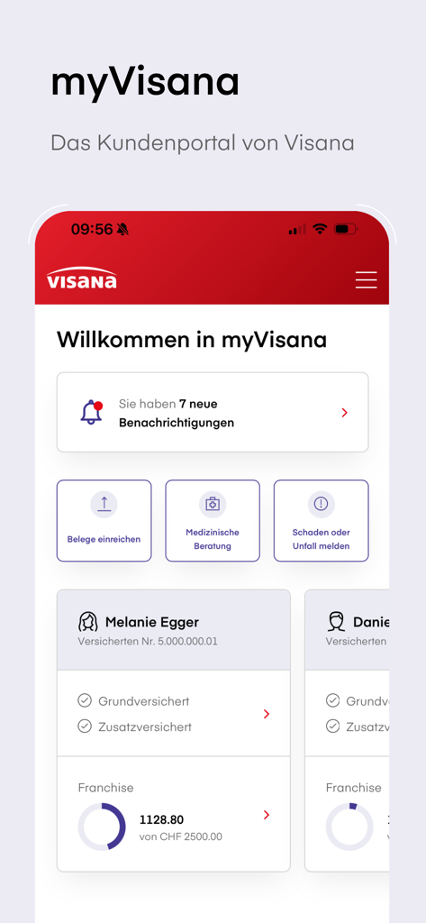 Visana mobile app dashboard displaying insurance status and medical services