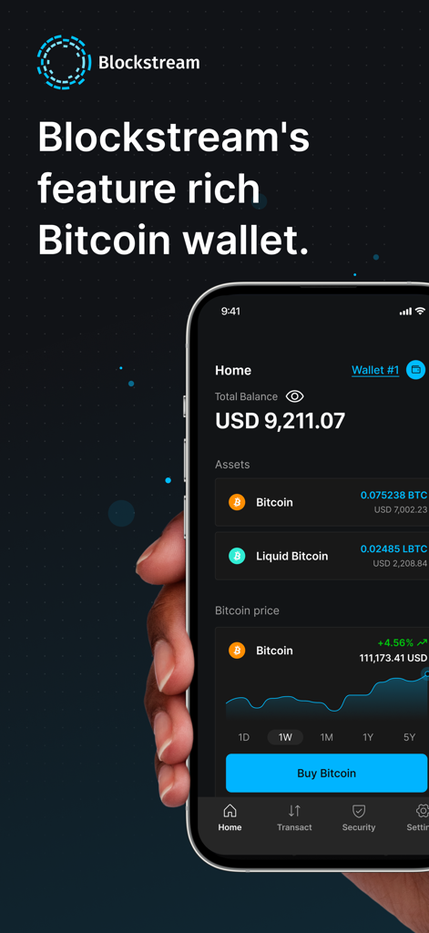 Blockstream BTC Wallet home screen displaying Bitcoin balance and price chart