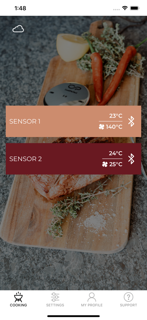 Witt CookPerfect - Witt CookPerfect app interface displaying real-time cooking temperatures for two sensors on a meat roast