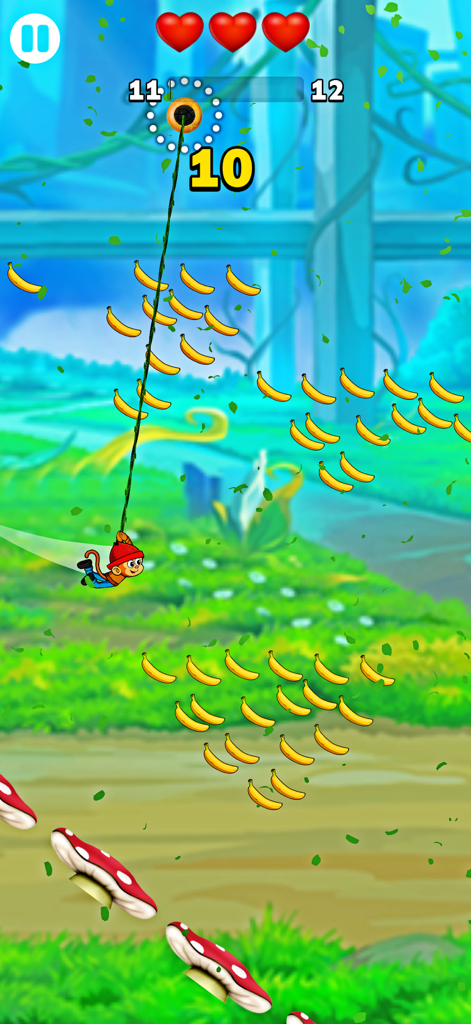 Monkey Hook - No Wifi Game - Un personaje mono de dibujos animados balanceándose en una cuerda para recoger plátanos en un nivel de jungla