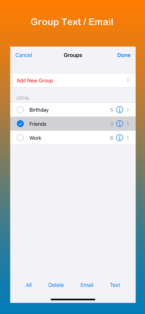 Remove Duplicate Contacts + - Pantalla de iPhone que muestra la gestión de grupos de contactos para enviar mensajes de texto y correos electrónicos masivos