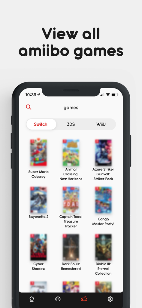 Ally – Collect and Backup - Ally app screen displaying a list of Nintendo Switch games compatible with Amiibo