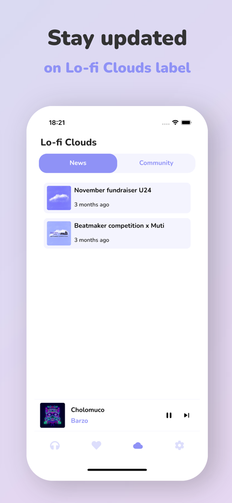 Lo-Fi Clouds Radio - Lo-Fi Clouds Radio app interface showing the news section with music community updates and a playing track