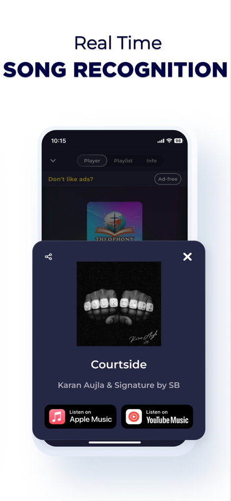 India Radio Online: AIR Radio - India Radio Online app showing real time song recognition feature with links to Apple Music and YouTube Music
