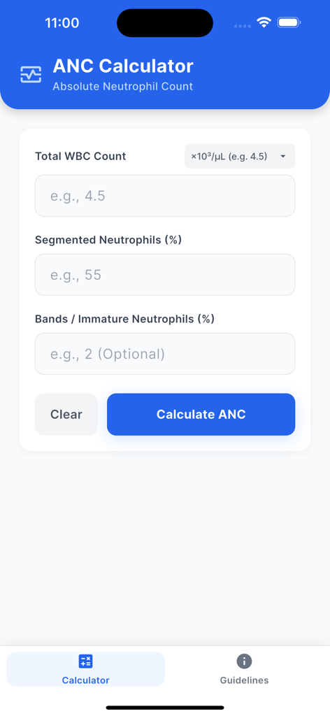 Absolute Neutrophil Count Calc - Mobile interface of the Absolute Neutrophil Count Calculator with input fields for WBC and neutrophils