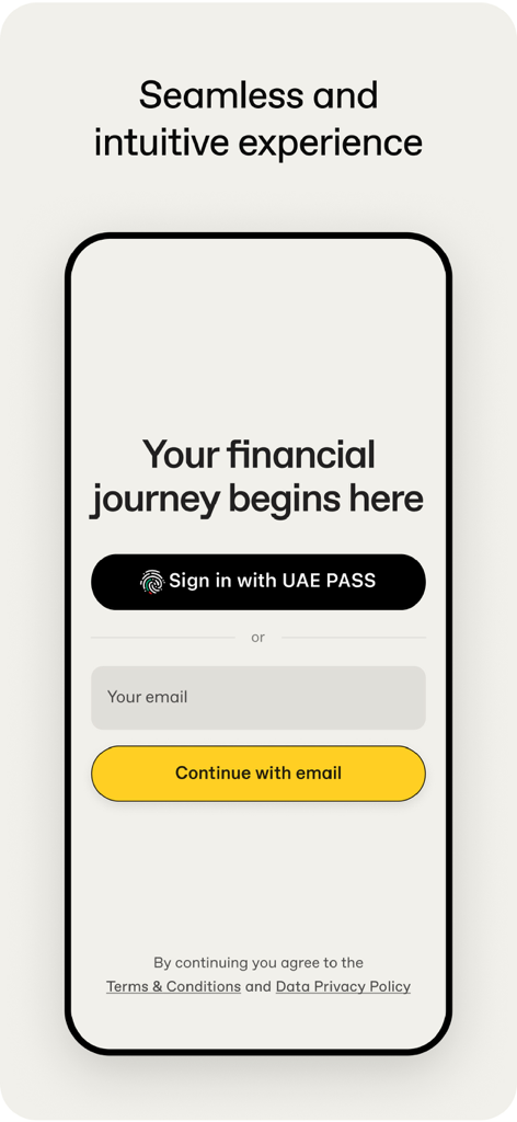 Etihad Credit Bureau - Etihad Credit Bureau App-Anmeldebildschirm mit Optionen zur Anmeldung über UAE PASS oder eine E-Mail-Adresse