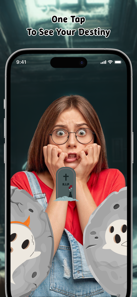 A young woman with a surprised expression using a random destiny prediction filter on her phone