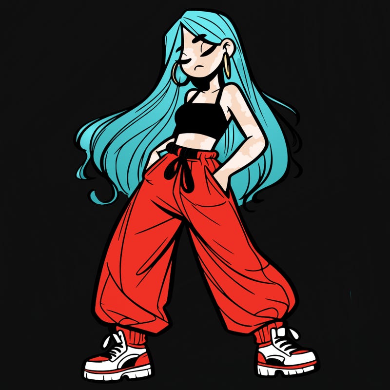 girl in baggy pants crop top and long hair