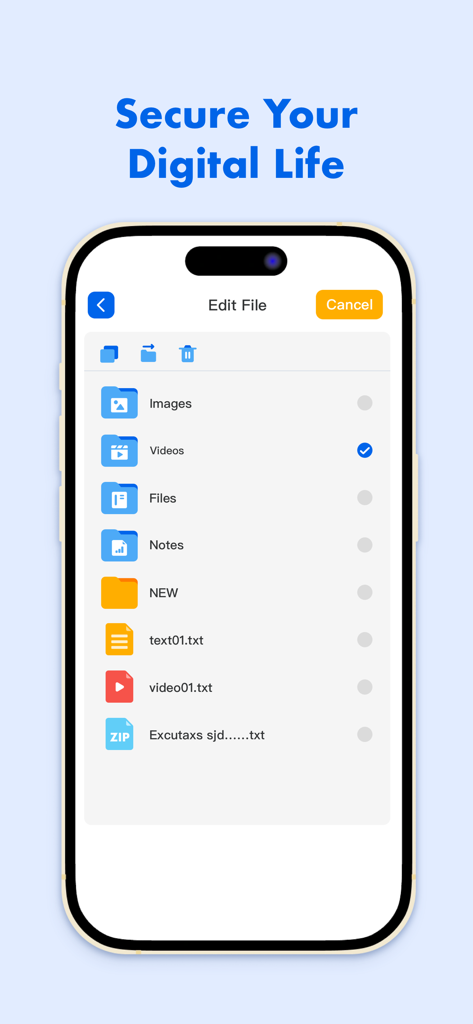 Ordo File Manager - Smartphone screen displaying the Ordo File Manager edit interface with organized folders and files under the heading Secure Your Digital Life