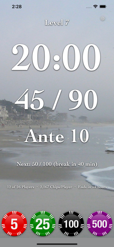 Texas Holdem Poker Timer Pro main screen showing tournament clock, blinds, and poker chips