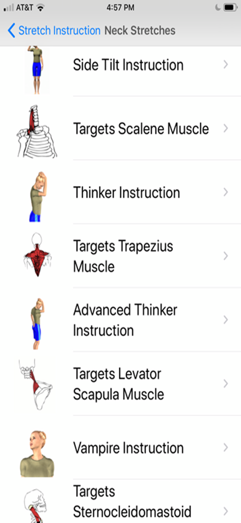 Uma lista de instruções de alongamento do pescoço e diagramas anatômicos dos músculos no aplicativo Alongamento para Alívio da Dor.