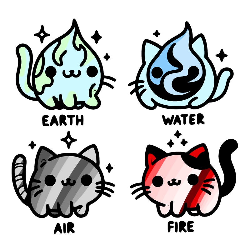 4 cats that represent the different elements, earth, water, air, and fire
