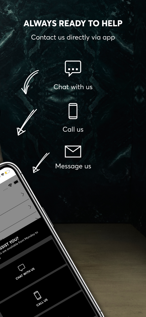 HUGO BOSS - Premium Fashion - Schermata di supporto clienti nell'app HUGO BOSS che mostra le opzioni per chattare, chiamare e inviare messaggi direttamente