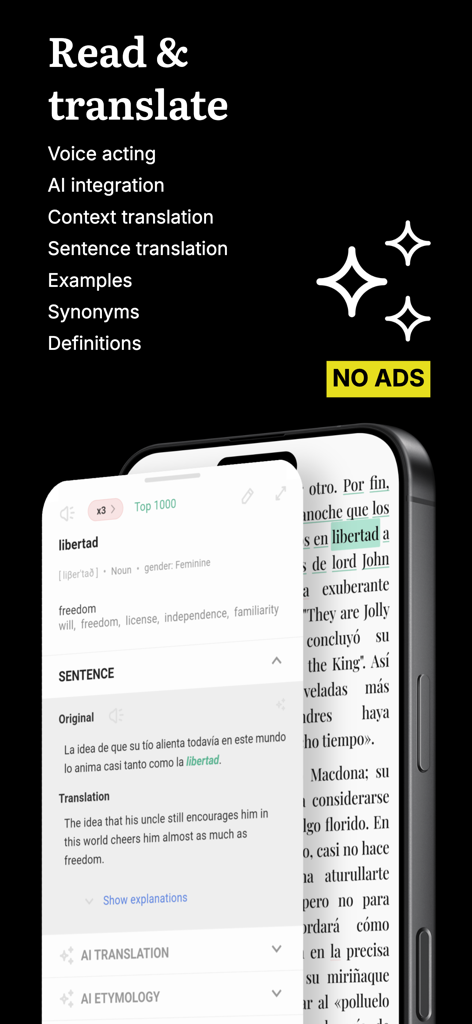 Linga: Read & Learn Languages - Smartphone displaying Linga app reading interface with Spanish text and a translation pop-up for the word libertad