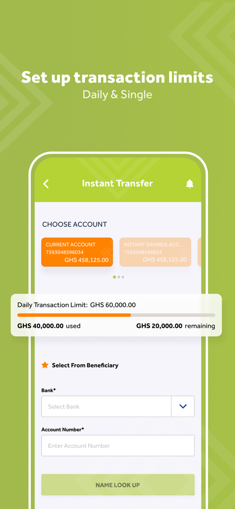 일일 거래 한도 및 즉시 이체를 관리하기 위한 Access Bank Ghana 모바일 앱 인터페이스
