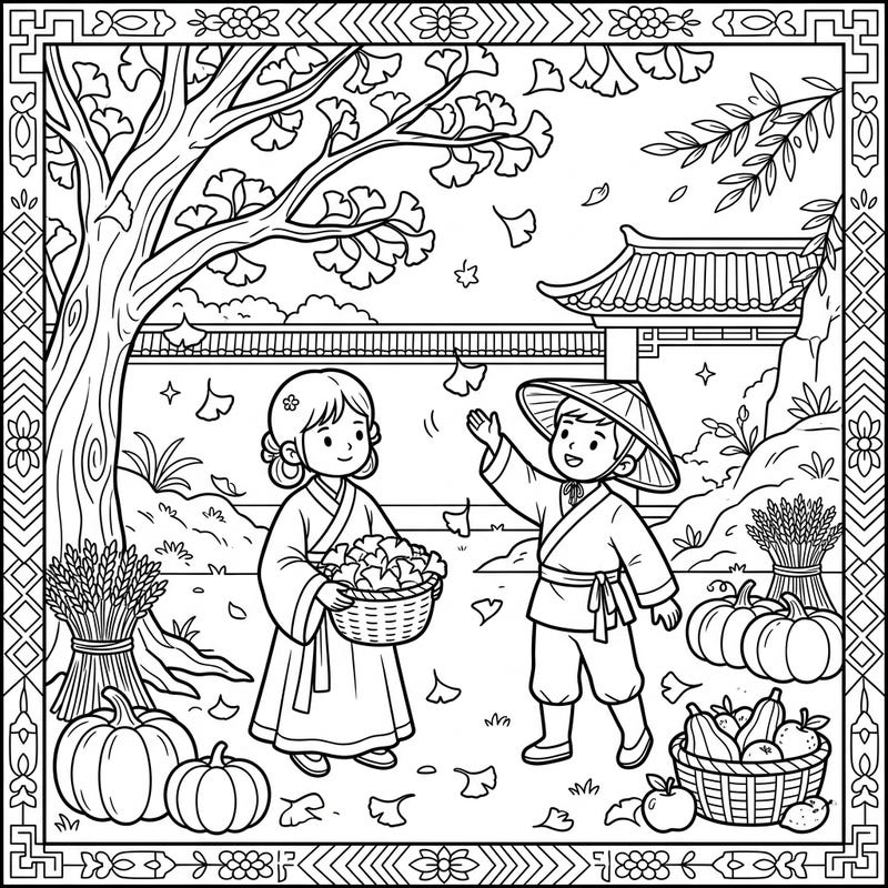 Step back in time to the Ming Dynasty and celebrate the joys of autumn with this delightful coloring page. Children will love bringing to life traditional scenes filled with harvest bounty and playful ginkgo leaves.