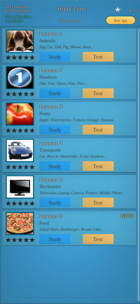Learn Chinese Easily - Interface of the Learn Chinese Easily app displaying a list of lessons including animals numbers fruits and transports with study and test buttons