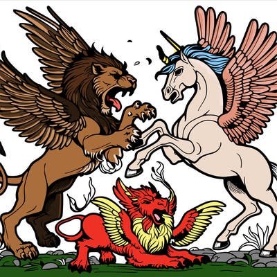 manticore fighting a griffin and pegasus