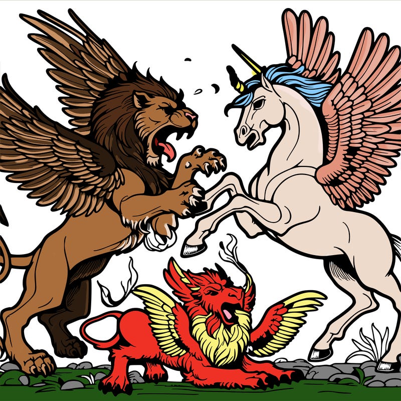 manticore fighting a griffin and pegasus