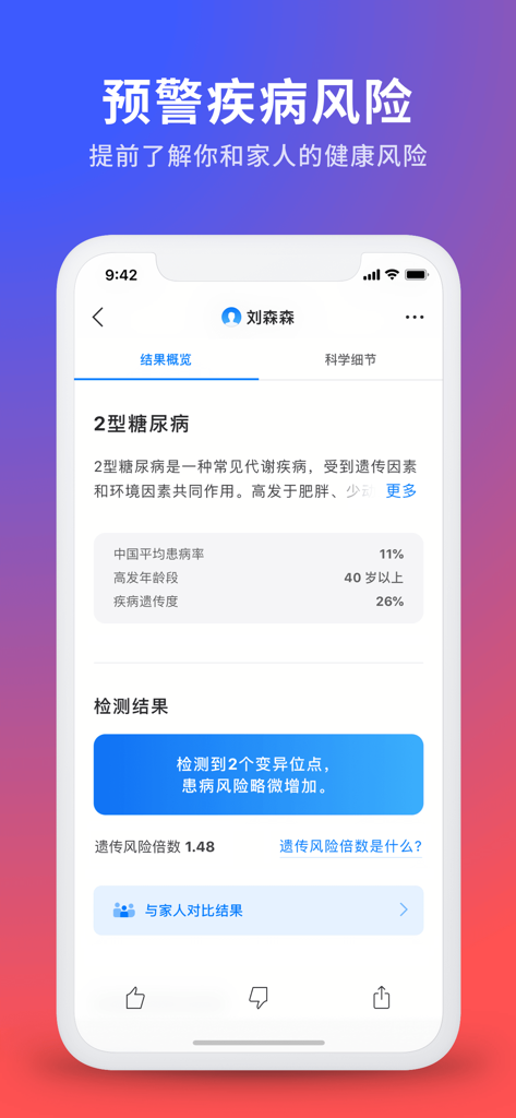 Screenshot dell'app 23mofang che mostra un report sulla salute genetica per il diabete di tipo 2, inclusa la valutazione del rischio e le mutazioni rilevate.