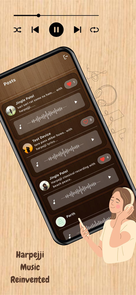 Harpejii Instrument - Pantalla de la aplicación móvil que muestra una lista de grabaciones musicales y publicaciones de la comunidad Harpejji